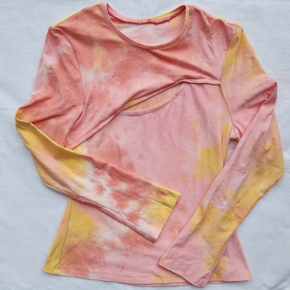 Tie-Dye Front Cut Out Long Sleeves Top, Tshirt In Pink and Yellow Tones